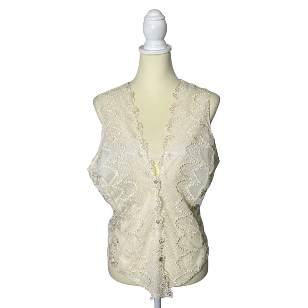 Vintage 80's ICE Off White Lace Button Up Tie Back Vest Women's Size Large